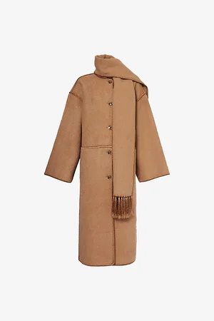 Totême Womens Embroidered Scarf Relaxed-Fit Recycled Wool-Blend Coat