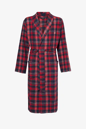 Emporio Armani Mens Logo-Embroidery Check Cotton-Flannel Dressing Gown
