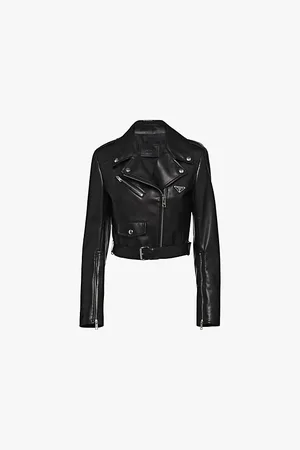 Prada Womens Brand-Plaque Cropped Leather Biker Jacket