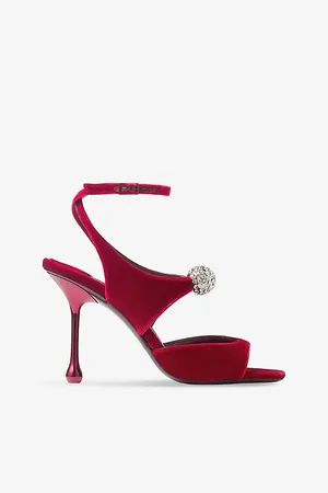 Jimmy Choo Womens Orb 95 Crystal-Embellished Heeled Velvet Sandals