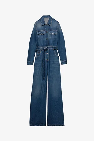 Prada Womens Triangle-Logo Faded-Wash Loose-Fit Denim Jumpsuit