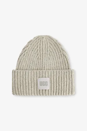UGG Womens Logo-Patch Chunky-Rib Stretch-Knit Beanie Hat