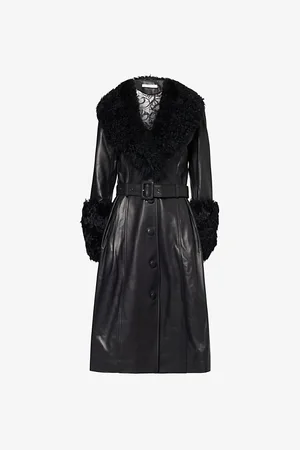Saks Potts Womens Foxy Shearling-Trim Long Leather Coat