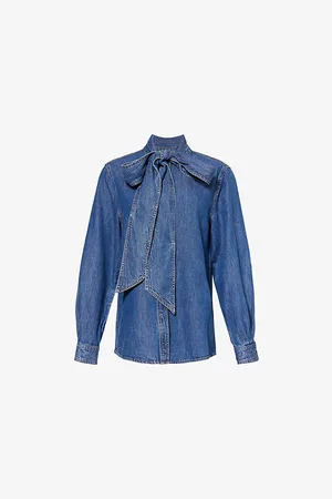 Frame Womens The Secretary Pussy-Bow Denim Blouse