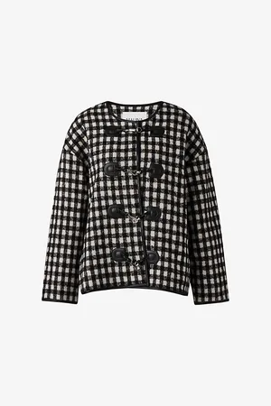 By Malina Womens Lou Round-Neck Relaxed-Fit Checked Wool-Blend Jacket