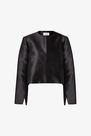By Malina Womens Ruthie Round-Neck Long-Sleeve Cropped Satin Blouse