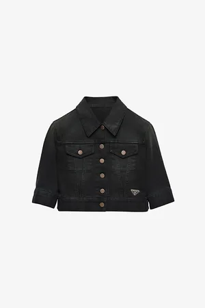 Prada Womens Cropped Triangle-Logo Denim Blouson Jacket
