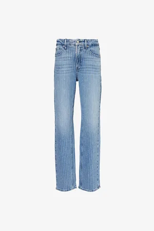 GOOD AMERICAN Womens Good Icon Rhinestone Straight-Leg High-Rise Stretch-Denim Jeans