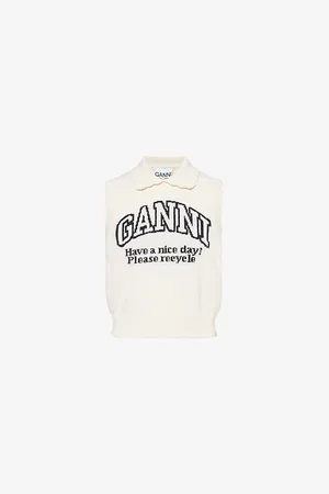 Ganni Womens Collared Logo-Intarsia Knitted Wool-Blend Vest Top