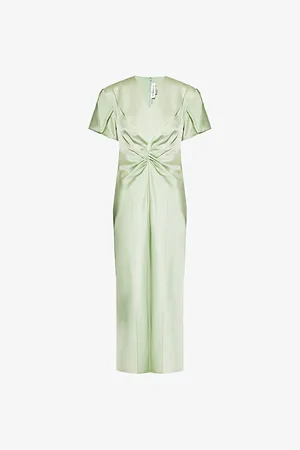 Victoria Beckham Womens Plunge-V-Neck Ruched Woven-Blend Midi Dress