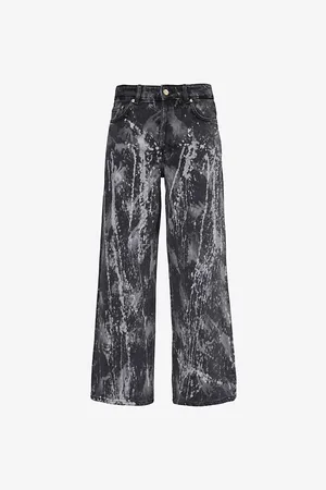 Ganni Womens Izey Graphic-Print Wide-Leg Mid-Rise Denim Jeans