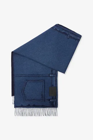 Loewe Womens Denim-Patchwork Anagram-Embroidered Wool and Cashmere-Blend Scarf