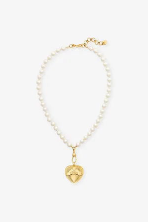 Brinker & Eliza Womens Wonder Antique 24ct Yellow-Gold Plated Brass and Glass-Pearl Pendant Necklace