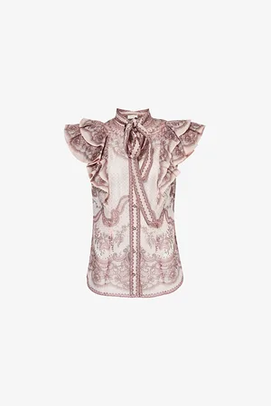 ZIMMERMANN Womens Crush Ruffle-Sleeve Lace-Print Linen and Silk Blouse