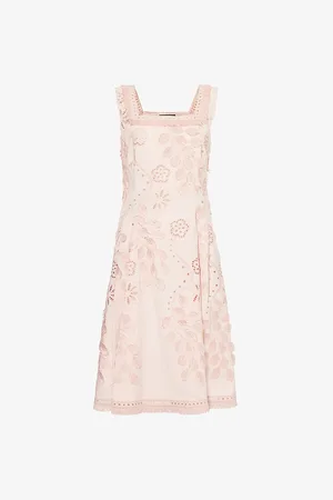 Alberta Ferretti Womens Square-Neck Frayed-Edge Woven Midi Dress
