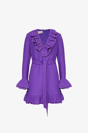 VALENTINO GARAVANI Womens V-Neck Ruffle-Trim Wool and Silk-Blend Mini Dress