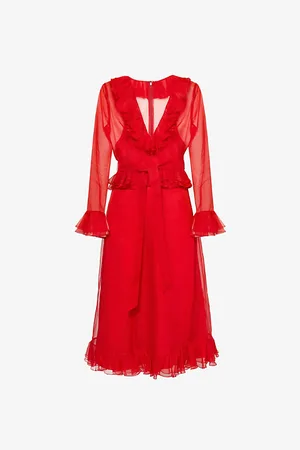 VALENTINO GARAVANI Womens V-Neck Ruffle-Trim Silk Midi Dress