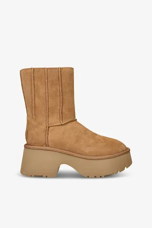 UGG Womens Classic New Heights Suede and Shearling Heeled Ankle Boots