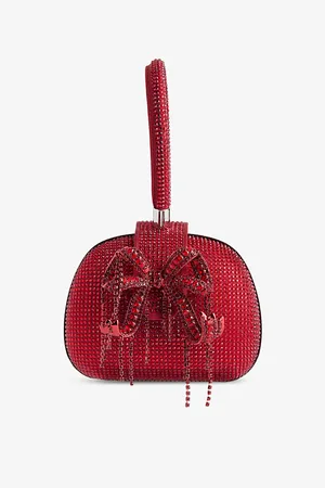 Self-Portrait Womens Bow-Plaque Crystal-Embellishment Stretch-Woven Clutch Bag