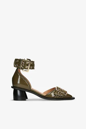 Ganni Womens Buckled-Strap Chunky Heeled Faux-Leather Pumps
