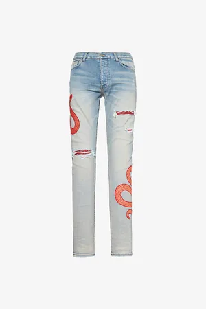 AMIRI Mens Snake Embroidered Ripped Slim-Fit Stretch-Denim Jeans