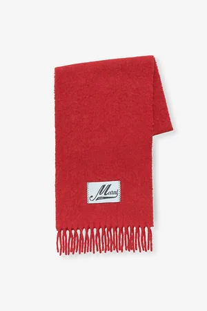 Marni Womens Branded-Patch Fringed-Trim Wool-Blend Scarf