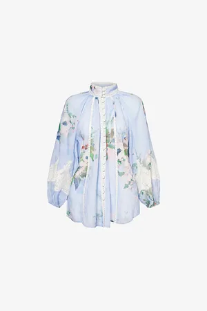 ZIMMERMANN Womens Everley Lace-Trim Floral-Pattern Ramie Blouse