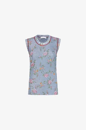 Paco rabanne Womens Floral-Print Sleeveless Metallic-Knit Top