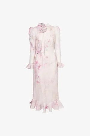 ZIMMERMANN Womens Crush Floral-Pattern Pearl-Embellished Linen and Silk-Blend Midi Dress