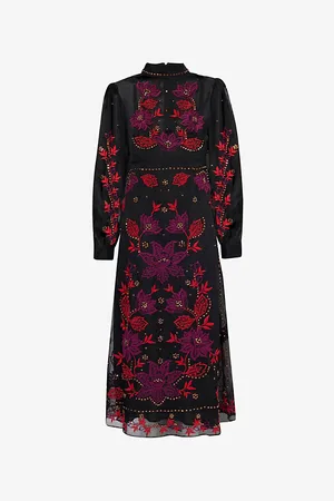 Farm Rio Womens Round-Neck Floral-Embroidered Woven Midi Dress