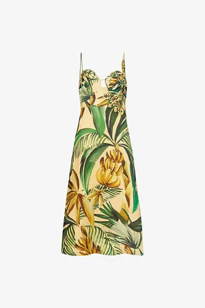 Farm Rio Womens Sweetheart-Neckline Floral-Appliqué Linen Midi Dress