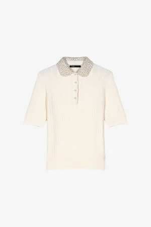 Maje Womens Embellished-Collar Ribbed Wool and Cashmere Polo Shirt