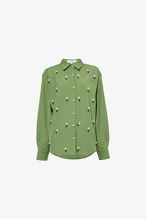 Sister Jane Womens Formosa Bead-Embellished Stretch-Woven Shirt