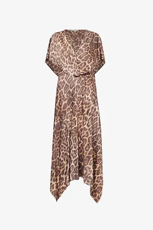 Stella McCartney Womens Leopard-Print Cape-Sleeve Satin Midi Dress