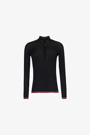 Gucci Womens Polo-Collar Striped-Trim Cashmere-Silk Blend Knit Top
