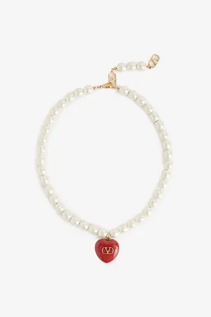 VALENTINO GARAVANI Womens Heart V-Logo Brass and Pearl Necklace