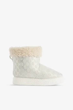 Gucci Womens Metallic Brand-Monogram Shearling-Trim Suede Boots