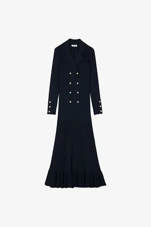 Sandro Womens Double-Breasted Ruffled-Hem Stretch-Woven Maxi Dress