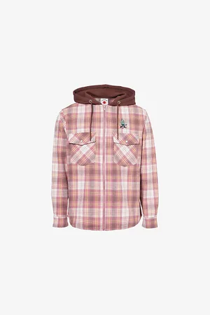 ICECREAM Mens Hooded Check-Print Relaxed-Fit Woven-Blend Shirt