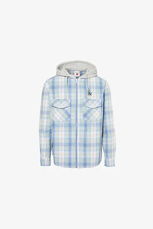ICECREAM Mens Hooded Check-Print Relaxed-Fit Woven-Blend Shirt