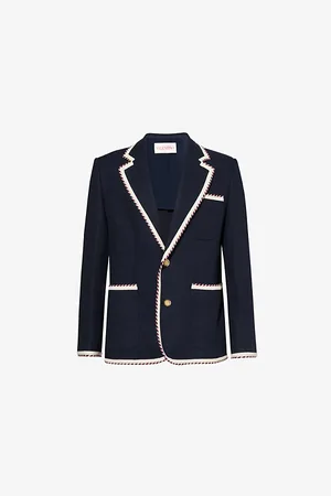 VALENTINO GARAVANI Mens Notch-Lapel Braided-Trim Cotton-Blend Blazer Jacket