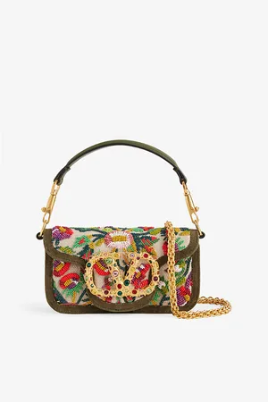 VALENTINO GARAVANI Womens Loco Small Embroidered Linen Shoulder Bag