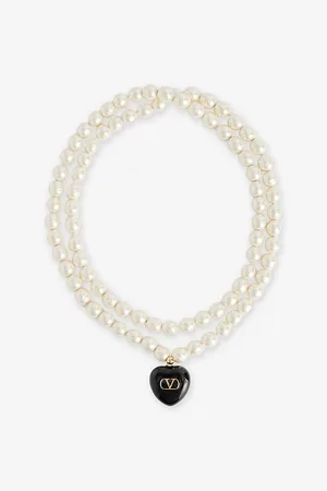 VALENTINO GARAVANI Womens Heart V-Logo Double-Wrap Brass and Pearl Necklace