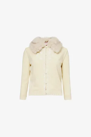 VALENTINO GARAVANI Womens Bead-Embellished Faux-Fur Collar Wool Knitted Cardigan