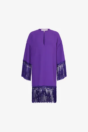 VALENTINO GARAVANI Womens Fringe-Trim Round-Neck Silk Mini Dress