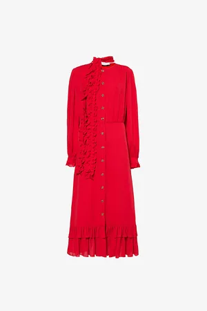 VALENTINO GARAVANI Womens Ruffle-Trim Georgette Silk Midi Dress