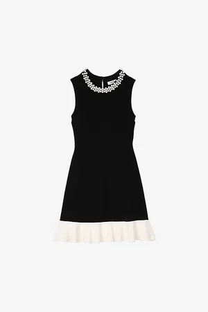Sandro Womens Bead-Embellished Ruffled-Hem Stretch-Woven Mini Dress