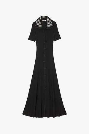 Sandro Womens Stud-Embellished Ribbed-Knit Stretch-Woven Maxi Dress