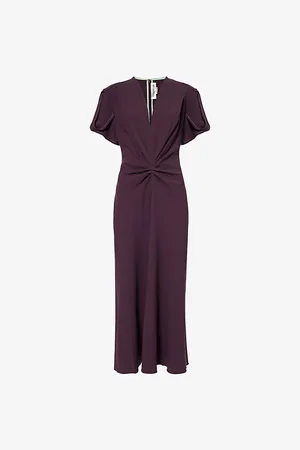 Victoria Beckham Womens Gathered Flutter-Sleeve Wool-Blend Midi Dress