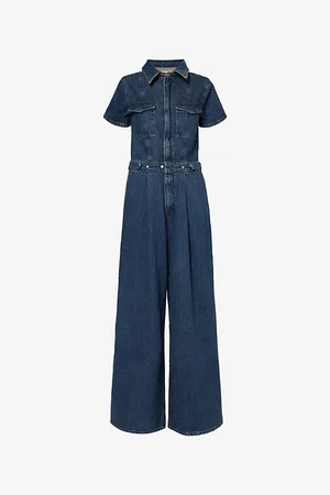 GOOD AMERICAN Womens Fit For Success Pleat-Front Wide-Leg Stretch-Denim Jumpsuit